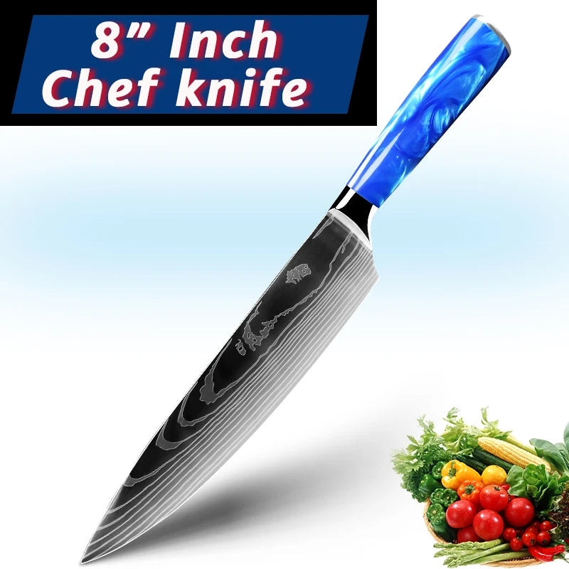 Juego de cuchillos de cocina de 1 a 10 piezas, rebanador Santoku japonés, con patrón de damasco láser de alto carbono, mango de resina azul