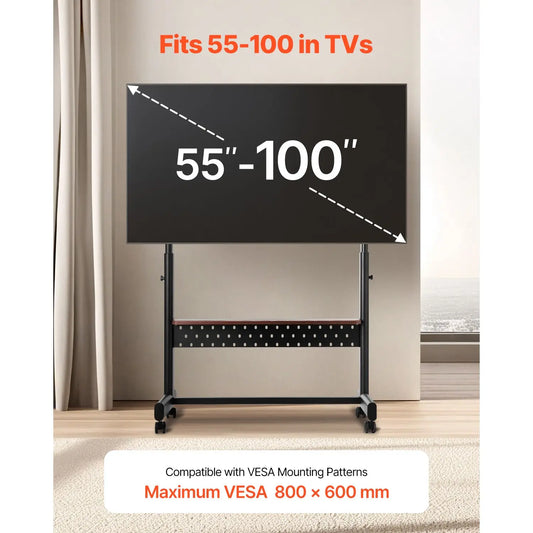 Mobile TV Cart Rolling TV Stand for 55-100 Inch Screens Height Adjustable Portable Monitor Stand Tray Wheel-Based Capacity 205 L