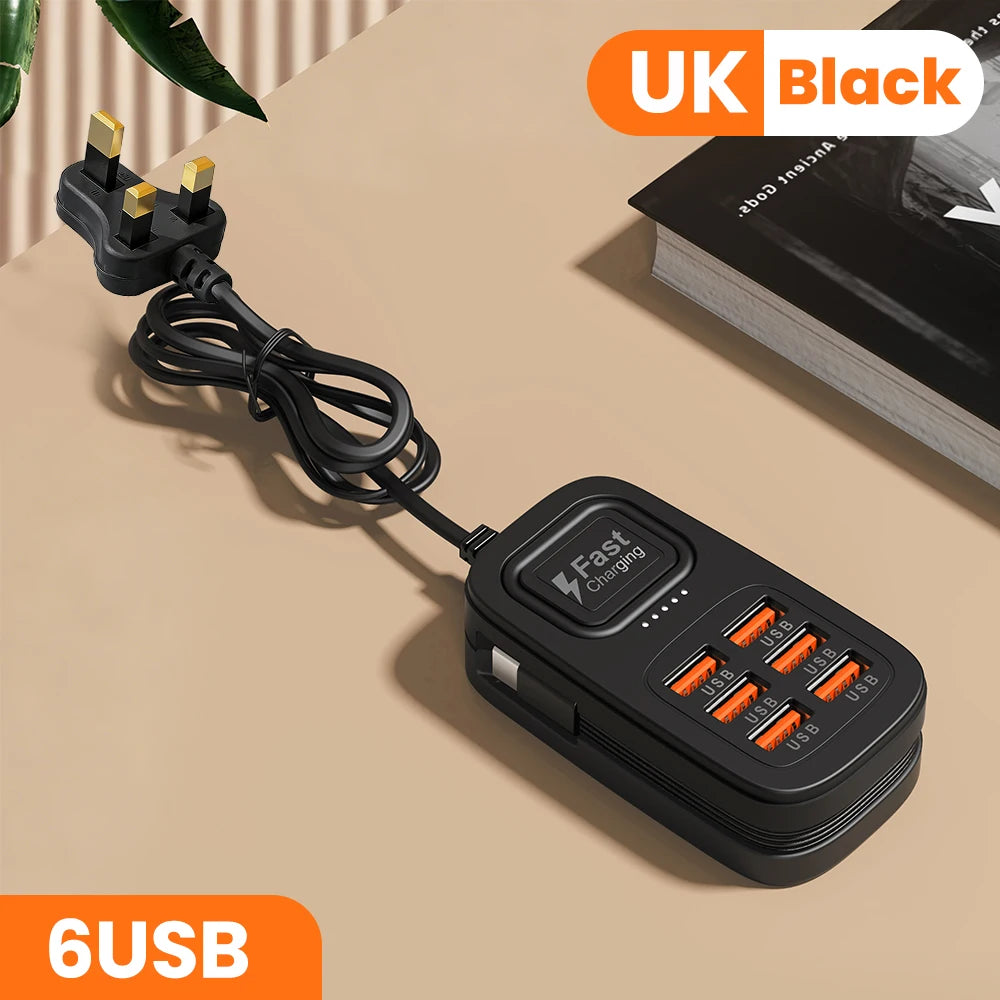 Enchufe de carga rápida USB de 6 puertos, estación de carga de escritorio, adaptador de enchufe USB con enchufe europeo/británico/estadounidense, 3 tipo C, 3 USB