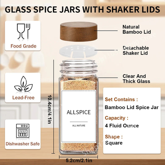 13 Uds. Frascos de especias de vidrio con tapas de bambú, tarros de vidrio de 4oz, juego de tarros de especias, tarros de condimentos, organizador, botellas de almacenamiento para estante de especias