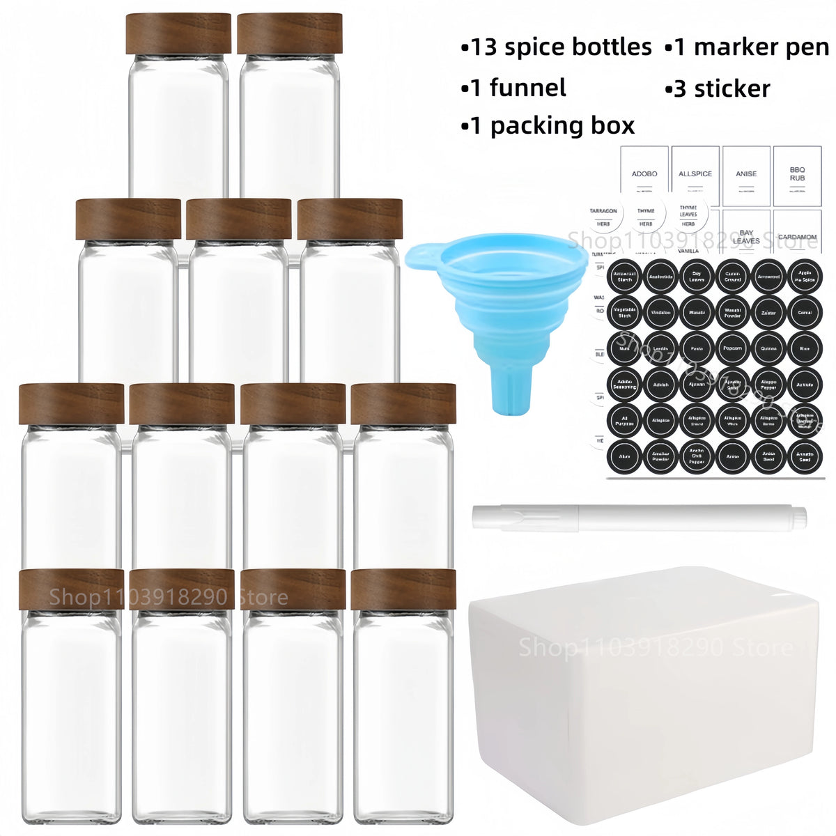 13 Uds. Frascos de especias de vidrio con tapas de bambú, tarros de vidrio de 4oz, juego de tarros de especias, tarros de condimentos, organizador, botellas de almacenamiento para estante de especias