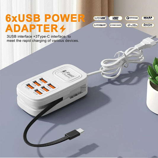 Enchufe de carga rápida USB de 6 puertos, estación de carga de escritorio, adaptador de enchufe USB con enchufe europeo/británico/estadounidense, 3 tipo C, 3 USB