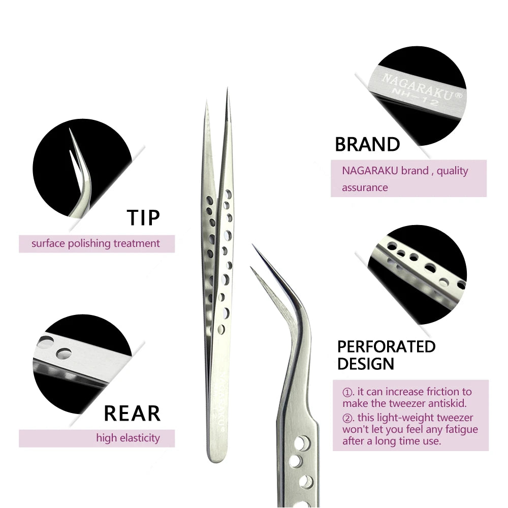 Pinzas para extensión de pestañas NAGARAKU, maquillaje de pestañas de acero inoxidable, Clip preciso 3D