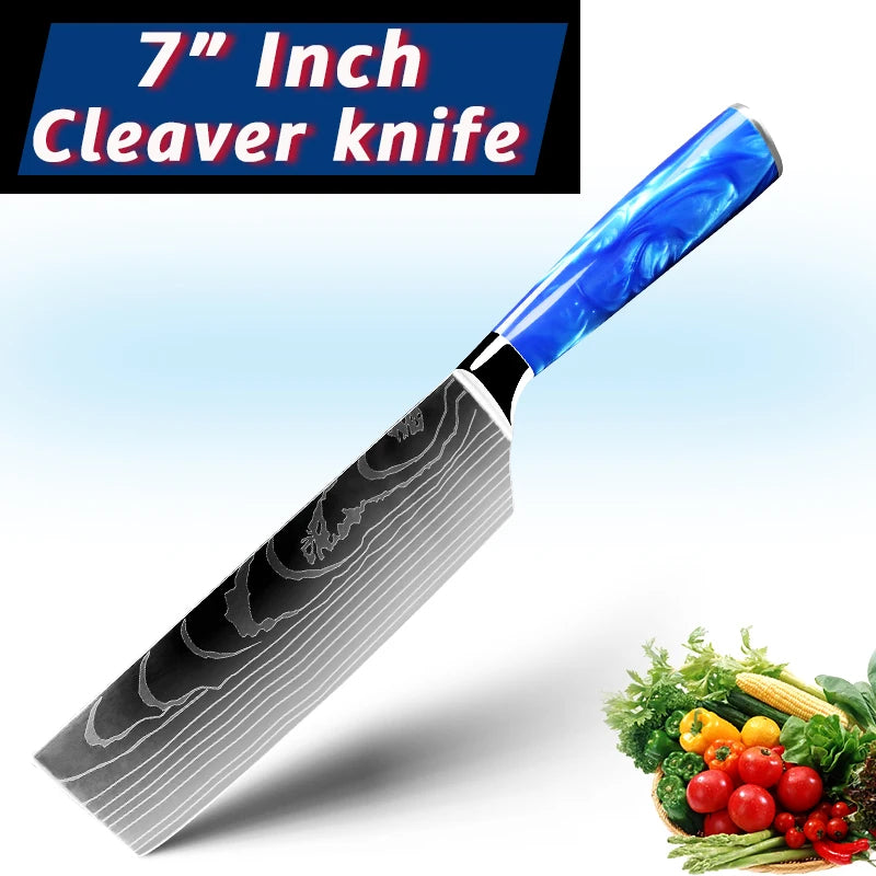 Juego de cuchillos de cocina de 1 a 10 piezas, rebanador Santoku japonés, con patrón de damasco láser de alto carbono, mango de resina azul