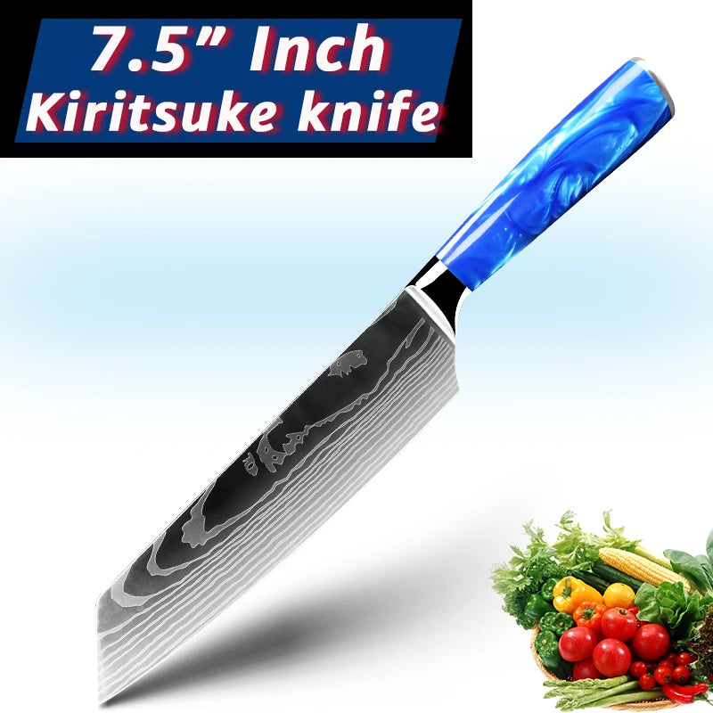 Juego de cuchillos de cocina de 1 a 10 piezas, rebanador Santoku japonés, con patrón de damasco láser de alto carbono, mango de resina azul