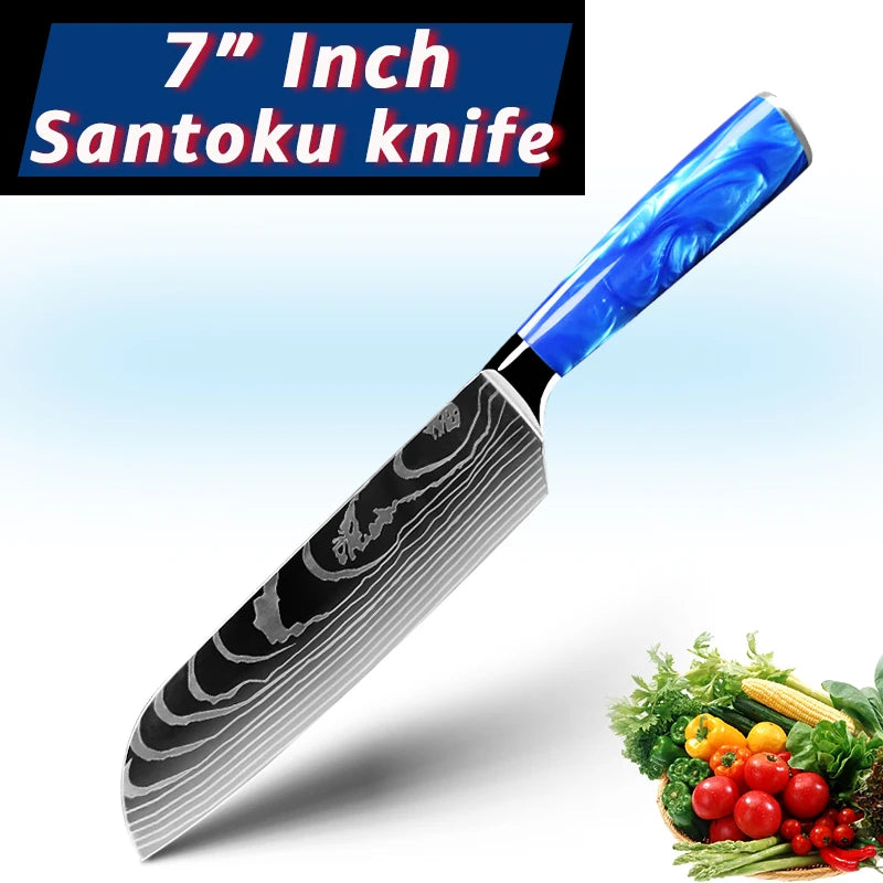 Juego de cuchillos de cocina de 1 a 10 piezas, rebanador Santoku japonés, con patrón de damasco láser de alto carbono, mango de resina azul