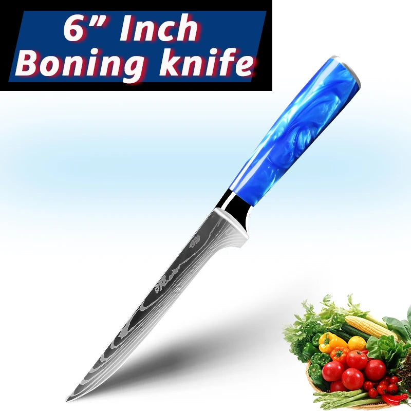 Juego de cuchillos de cocina de 1 a 10 piezas, rebanador Santoku japonés, con patrón de damasco láser de alto carbono, mango de resina azul