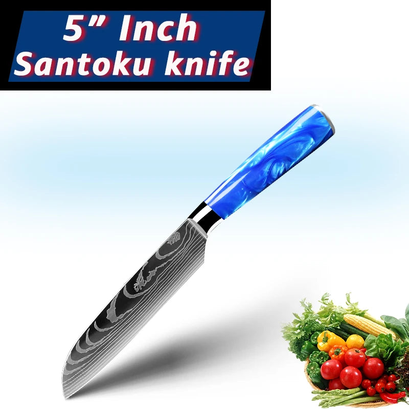 Juego de cuchillos de cocina de 1 a 10 piezas, rebanador Santoku japonés, con patrón de damasco láser de alto carbono, mango de resina azul