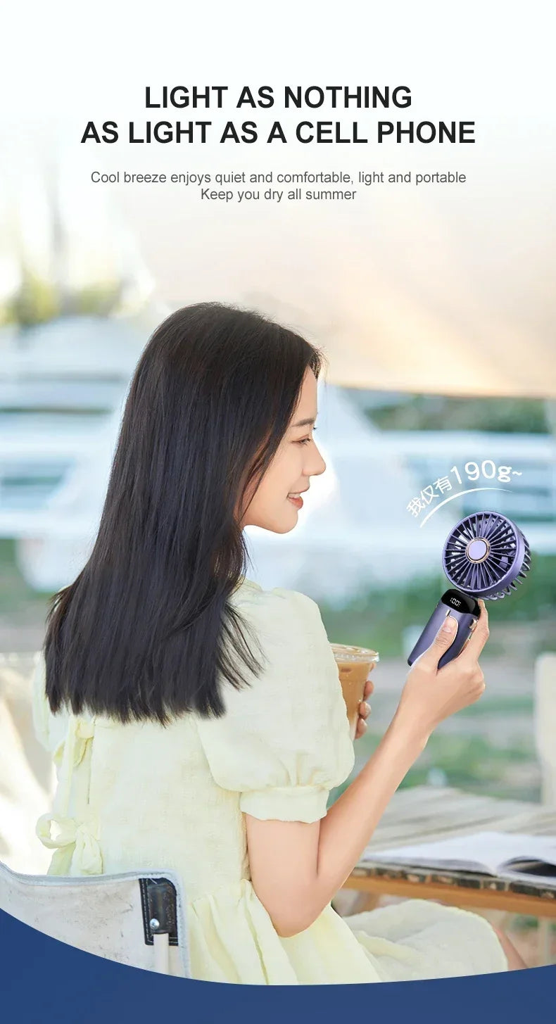 Mini ventilador portátil de mano, ventiladores plegables para colgar en el cuello, ventilador recargable por USB de 5 velocidades con soporte para teléfono y pantalla de visualización de 1800mAh