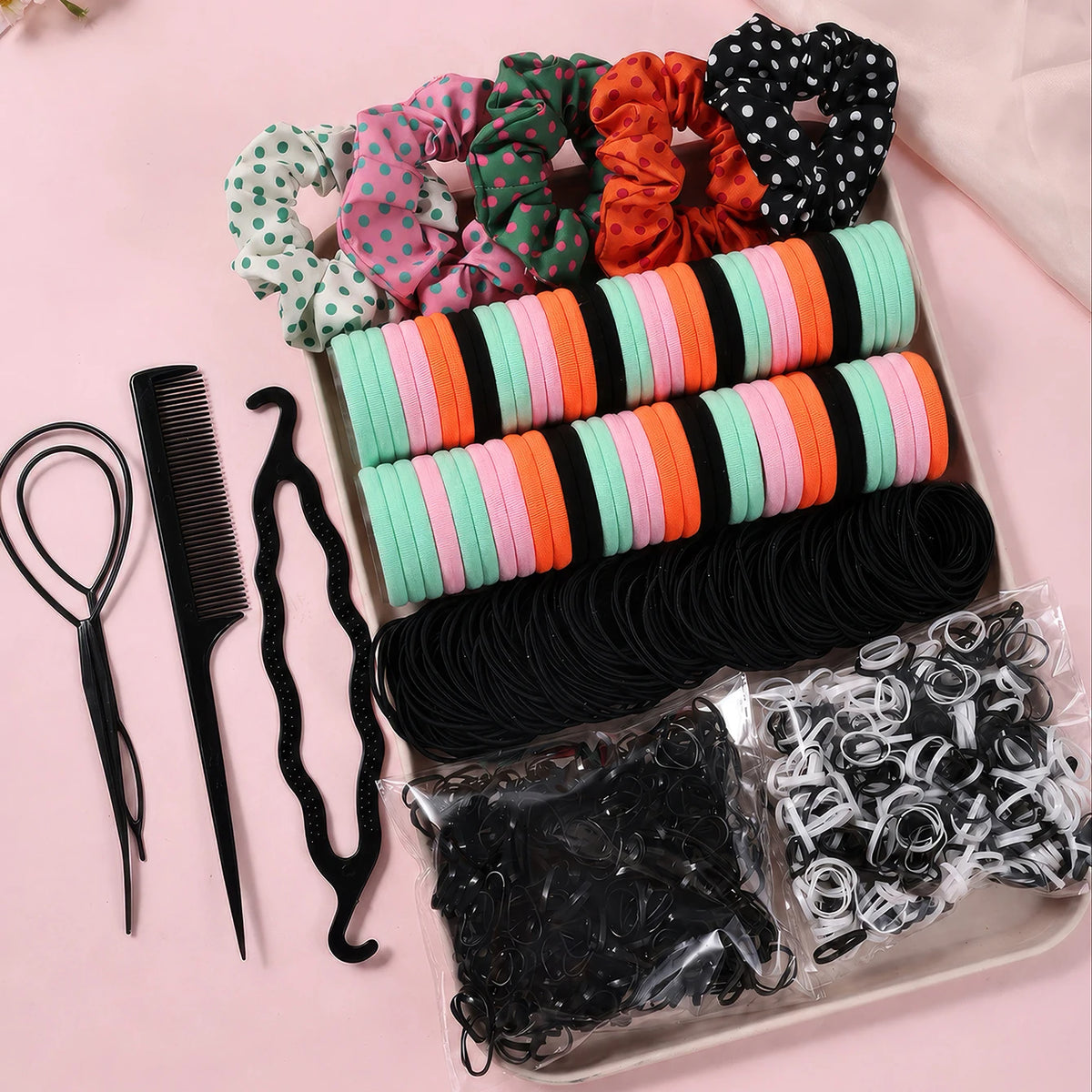 1109 Uds. Conjunto de accesorios para el cabello oscuro para mujer, coleteros elásticos sin costuras, bandas de goma pequeñas, lazos para el cabello a la moda, diademas