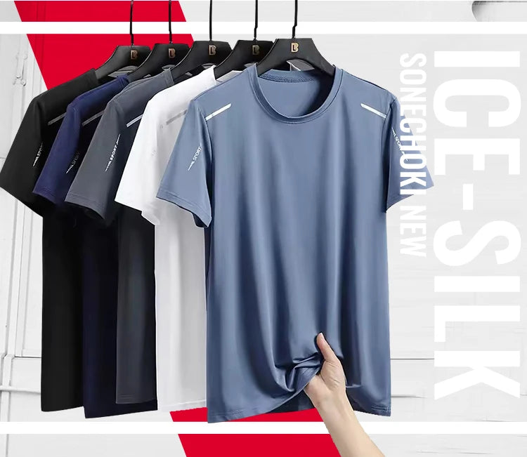 Camisetas para correr de seda de hielo para hombre, Top holgado de manga corta con estampado, ropa deportiva para gimnasio y baloncesto, camiseta de secado rápido para entrenamiento físico