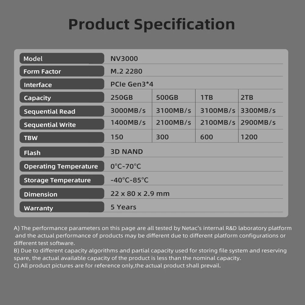 Netac NVMe SSD M2 1TB 2TB 500GB 250GB 3500MB/s SSD PCIe3.0 M.2 2280 unidades de estado sólido internas disco NV3000 para ordenador portátil de escritorio