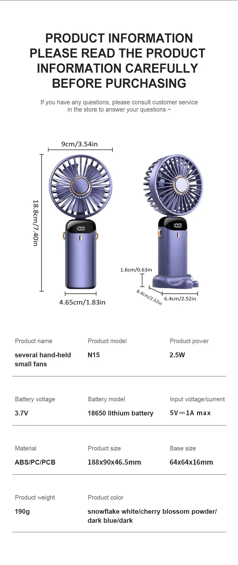 Mini ventilador portátil de mano, ventiladores plegables para colgar en el cuello, ventilador recargable por USB de 5 velocidades con soporte para teléfono y pantalla de visualización de 1800mAh