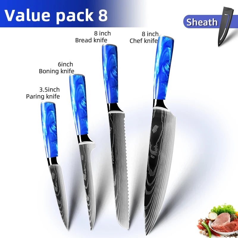 Juego de cuchillos de cocina de 1 a 10 piezas, rebanador Santoku japonés, con patrón de damasco láser de alto carbono, mango de resina azul