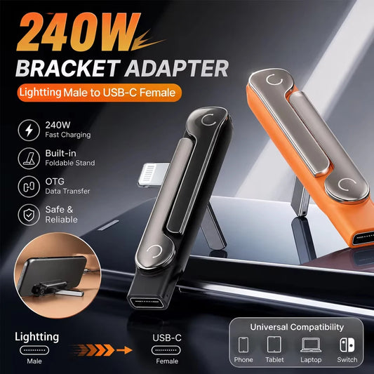 Adaptador USB tipo C de 240W con soporte integrado, convertidor multifunción plegable para teléfono.
