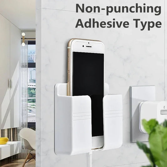 Soporte para teléfono de montaje en pared, soporte de carga para teléfonos móviles de pared sin perforaciones, caja de almacenamiento de Control remoto adhesivo perezoso