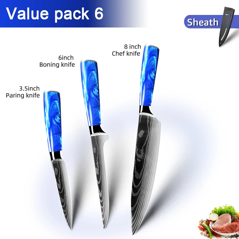 Juego de cuchillos de cocina de 1 a 10 piezas, rebanador Santoku japonés, con patrón de damasco láser de alto carbono, mango de resina azul