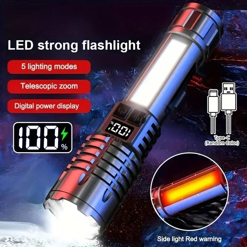 Linternas LED de alta potencia con pantalla de visualización, linterna táctica con Zoom, lámpara recargable portátil con linterna de luz lateral de emergencia