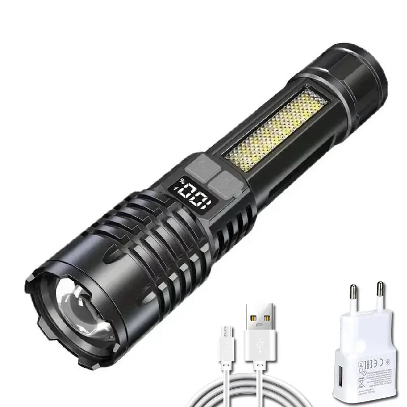 Linternas LED de alta potencia con pantalla de visualización, linterna táctica con Zoom, lámpara recargable portátil con linterna de luz lateral de emergencia