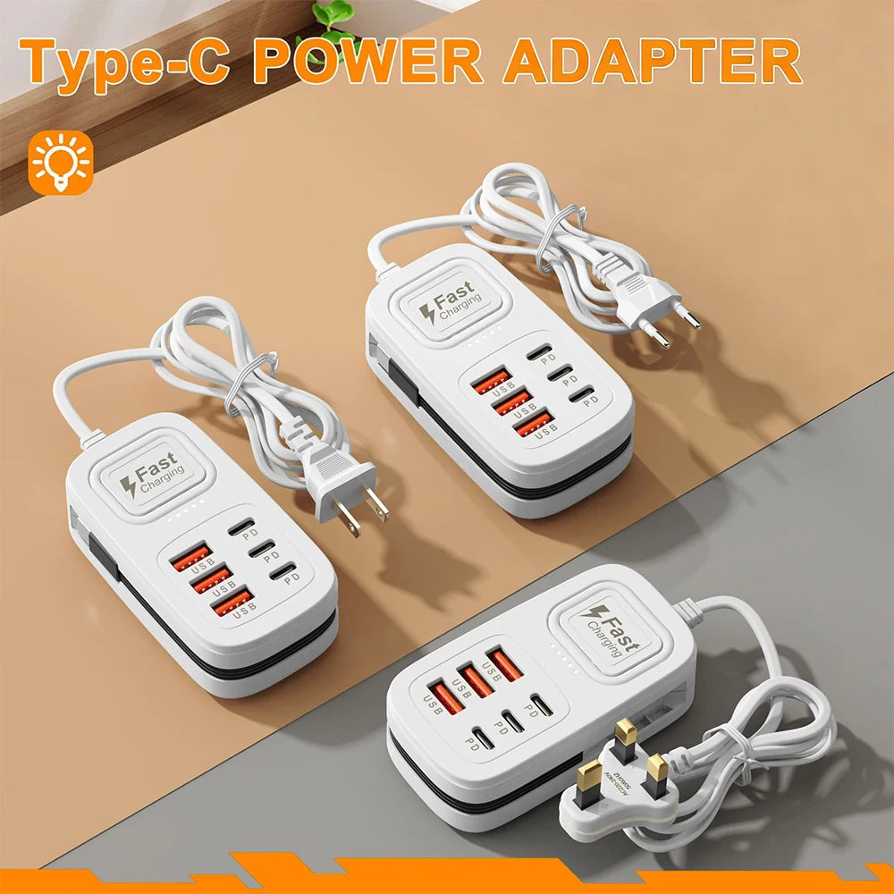 Enchufe de carga rápida USB de 6 puertos, estación de carga de escritorio, adaptador de enchufe USB con enchufe europeo/británico/estadounidense, 3 tipo C, 3 USB