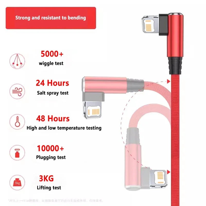 Cable USB de carga rápida para teléfono móvil, Cable de carga rápida de 90 grados para iPhone 14, 13, 12, 11 Pro Max, X, XR, 6s, 7, 8 Plus, 2m, 3m