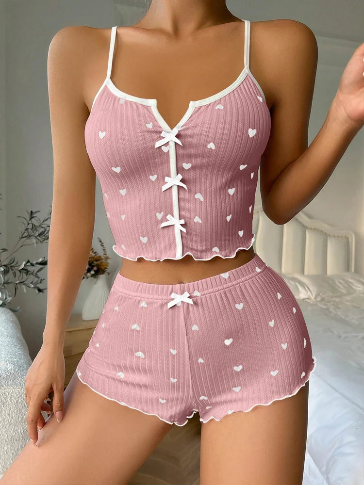 Conjunto de Pijama Sexy con Estampado de Corazón para Mujer, Ropa de Dormir de Seda, Cuello en V, Sin Mangas, Camiseta Informal y Pantalones Cortos, Ropa de Estar en Casa