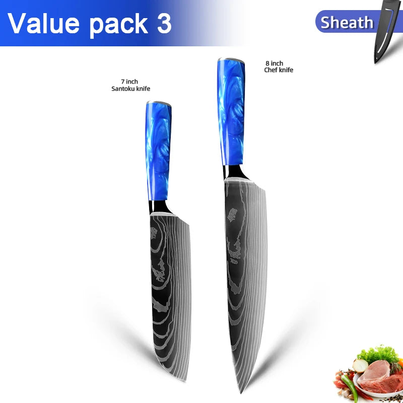 Juego de cuchillos de cocina de 1 a 10 piezas, rebanador Santoku japonés, con patrón de damasco láser de alto carbono, mango de resina azul