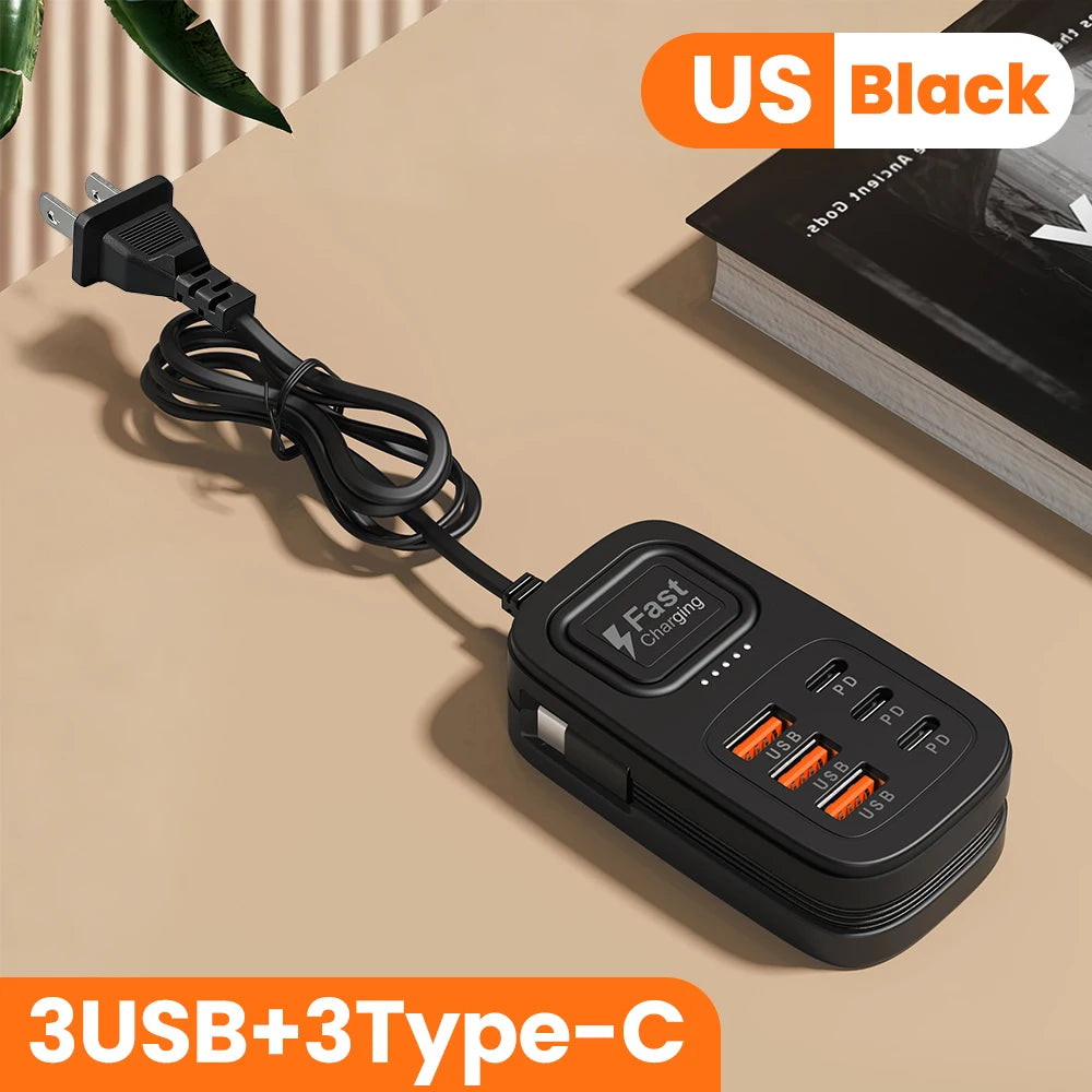 Enchufe de carga rápida USB de 6 puertos, estación de carga de escritorio, adaptador de enchufe USB con enchufe europeo/británico/estadounidense, 3 tipo C, 3 USB