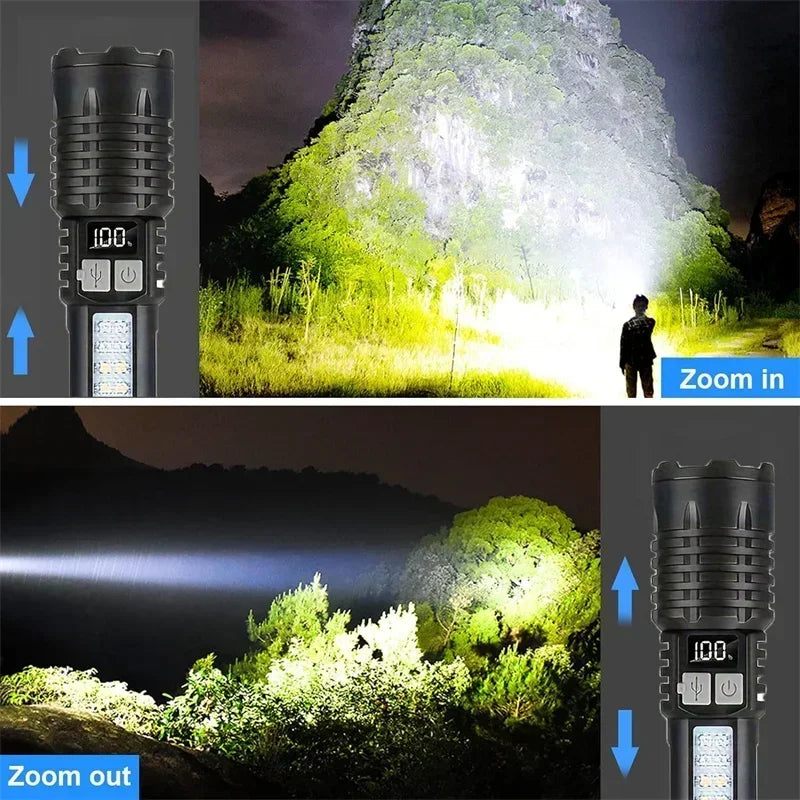 Linternas LED de alta potencia con pantalla de visualización, linterna táctica con Zoom, lámpara recargable portátil con linterna de luz lateral de emergencia