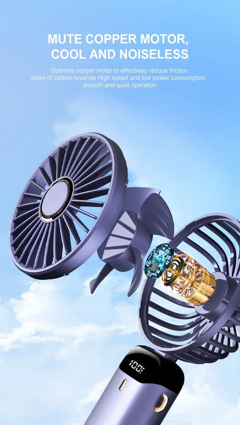 Mini ventilador portátil de mano, ventiladores plegables para colgar en el cuello, ventilador recargable por USB de 5 velocidades con soporte para teléfono y pantalla de visualización de 1800mAh