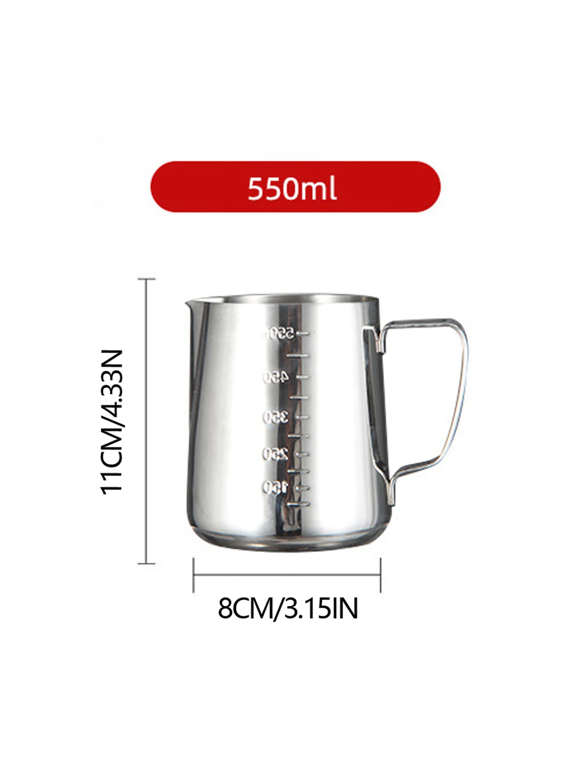 Jarra de acero inoxidable para espumar leche, espumador plateado, recipiente para café latte, jarra de metal, taza de barista