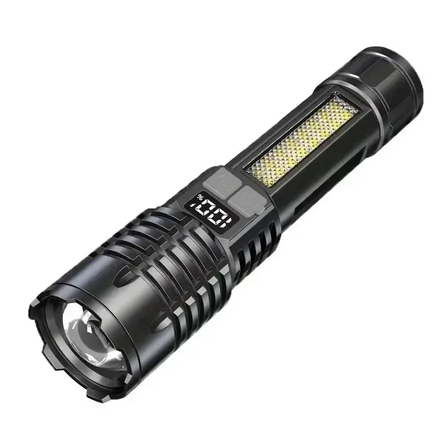 Linternas LED de alta potencia con pantalla de visualización, linterna táctica con Zoom, lámpara recargable portátil con linterna de luz lateral de emergencia