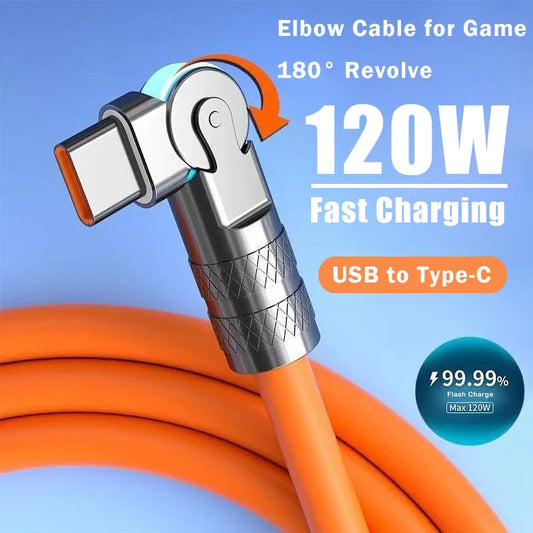 Cable USB tipo C de carga rápida de 120W 7A Cable de codo de rotación de 180 grados para juegos para Xiaomi Redmi Honor cargador de teléfono Cable USB C