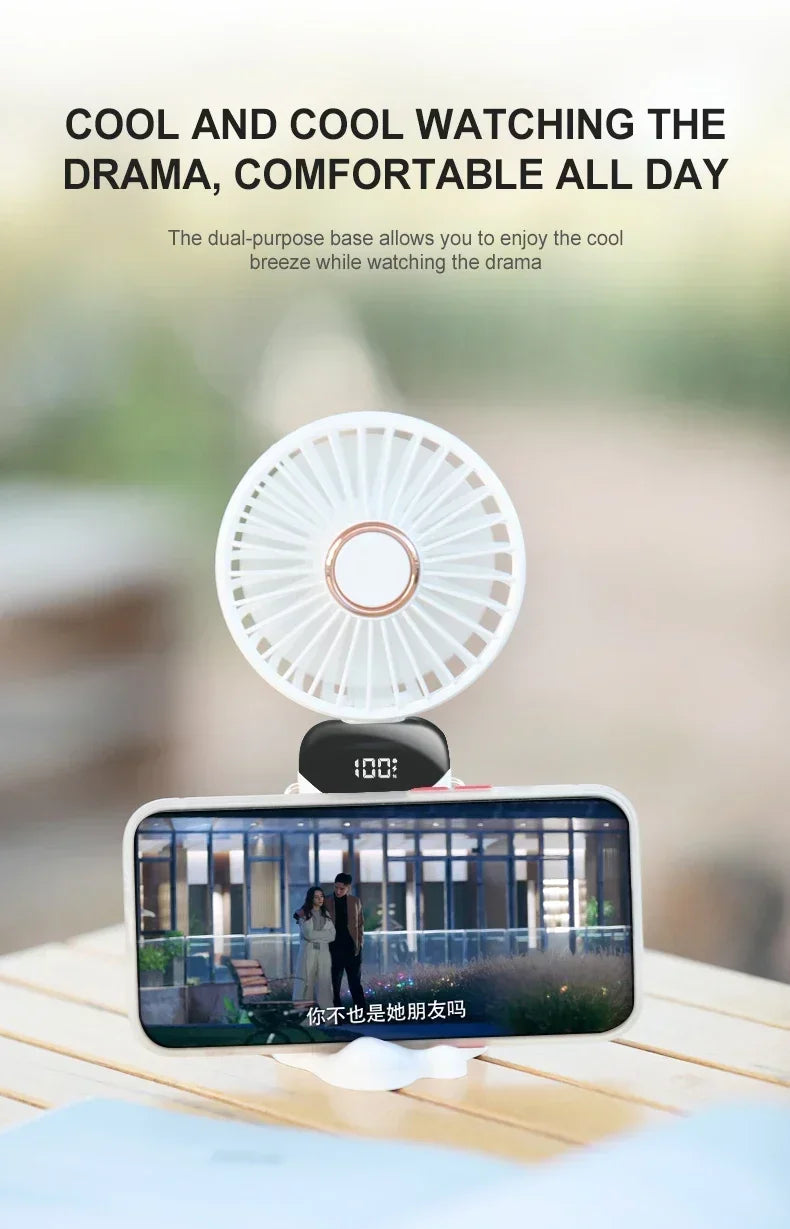 Mini ventilador portátil de mano, ventiladores plegables para colgar en el cuello, ventilador recargable por USB de 5 velocidades con soporte para teléfono y pantalla de visualización de 1800mAh