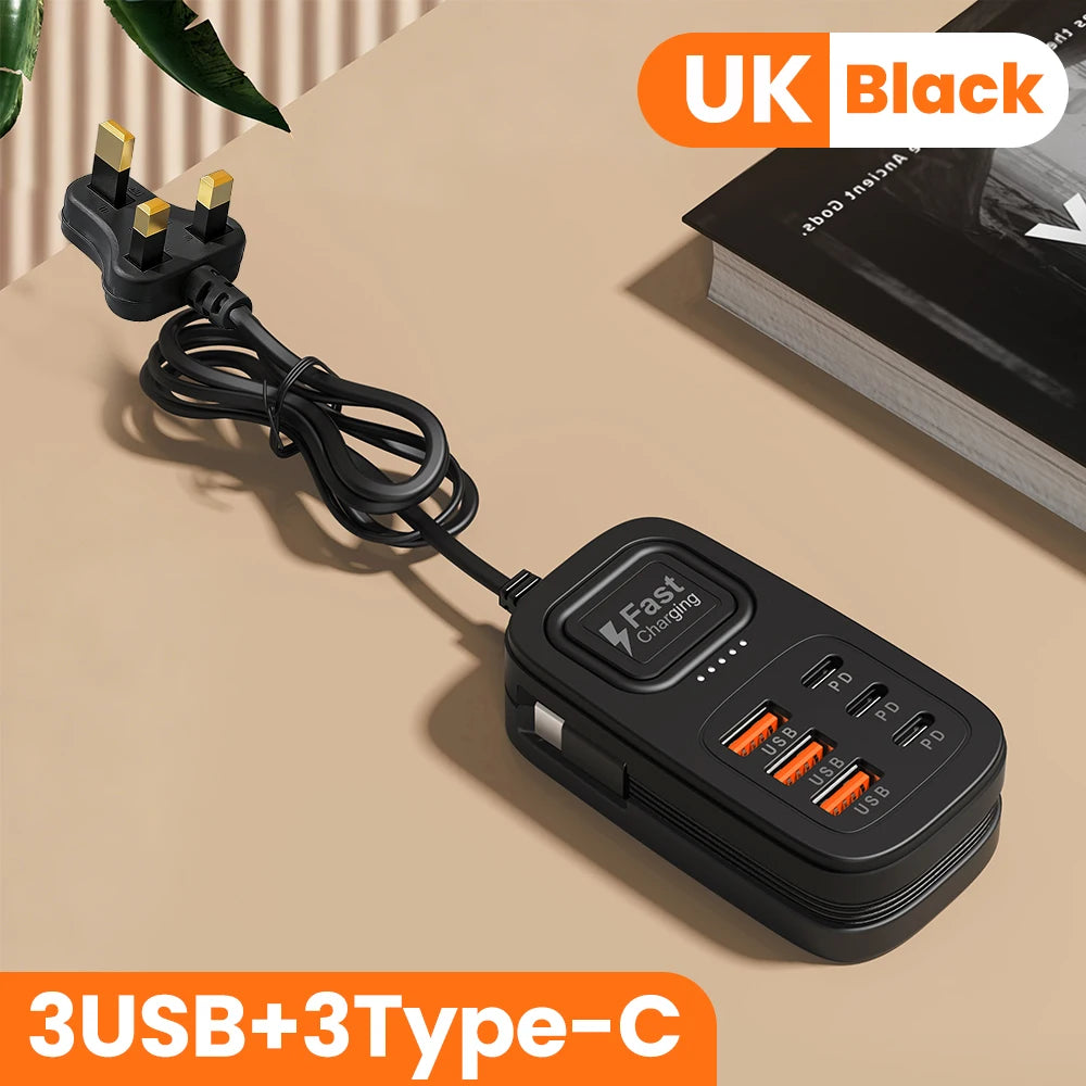 Enchufe de carga rápida USB de 6 puertos, estación de carga de escritorio, adaptador de enchufe USB con enchufe europeo/británico/estadounidense, 3 tipo C, 3 USB