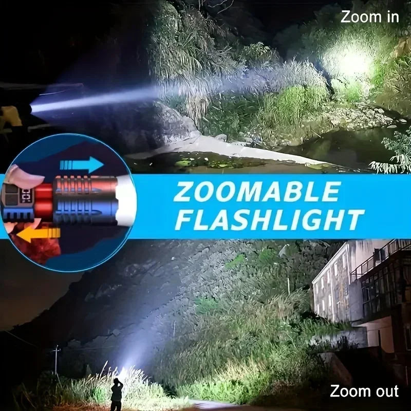 Linternas LED de alta potencia con pantalla de visualización, linterna táctica con Zoom, lámpara recargable portátil con linterna de luz lateral de emergencia