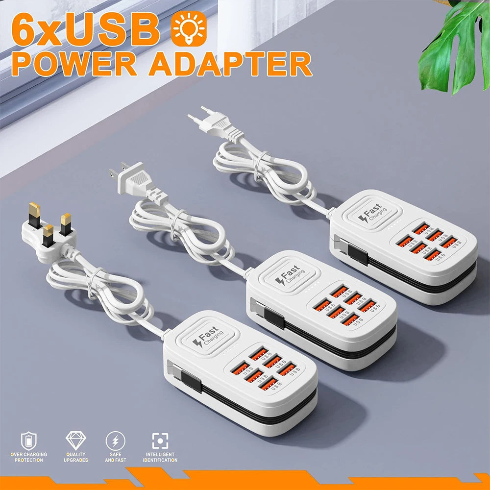 Enchufe de carga rápida USB de 6 puertos, estación de carga de escritorio, adaptador de enchufe USB con enchufe europeo/británico/estadounidense, 3 tipo C, 3 USB