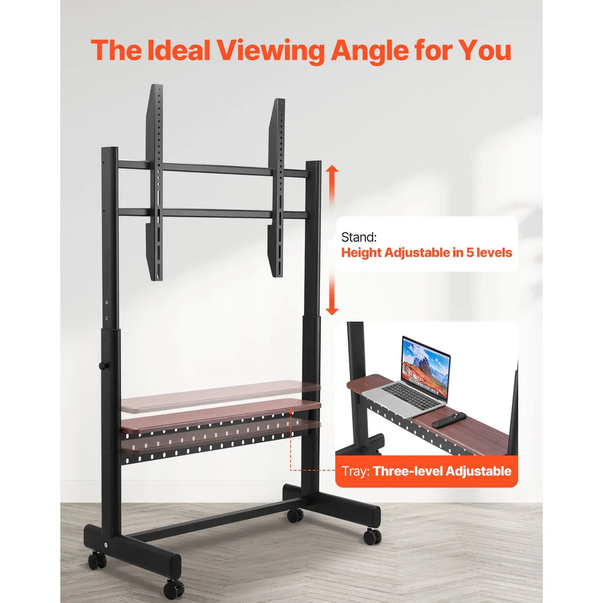 Mobile TV Cart Rolling TV Stand for 55-100 Inch Screens Height Adjustable Portable Monitor Stand Tray Wheel-Based Capacity 205 L