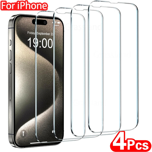 Protector de pantalla de vidrio templado para iPhone, película protectora para iPhone 15, 14, 13, 12, 11 Pro Max, 6, 7, 8 Plus, X, XS, Max, XR, 4 unidades