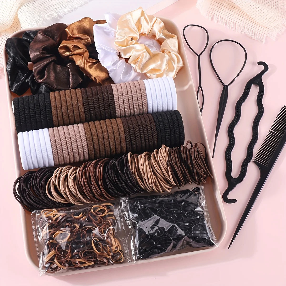 1109 Uds. Conjunto de accesorios para el cabello oscuro para mujer, coleteros elásticos sin costuras, bandas de goma pequeñas, lazos para el cabello a la moda, diademas