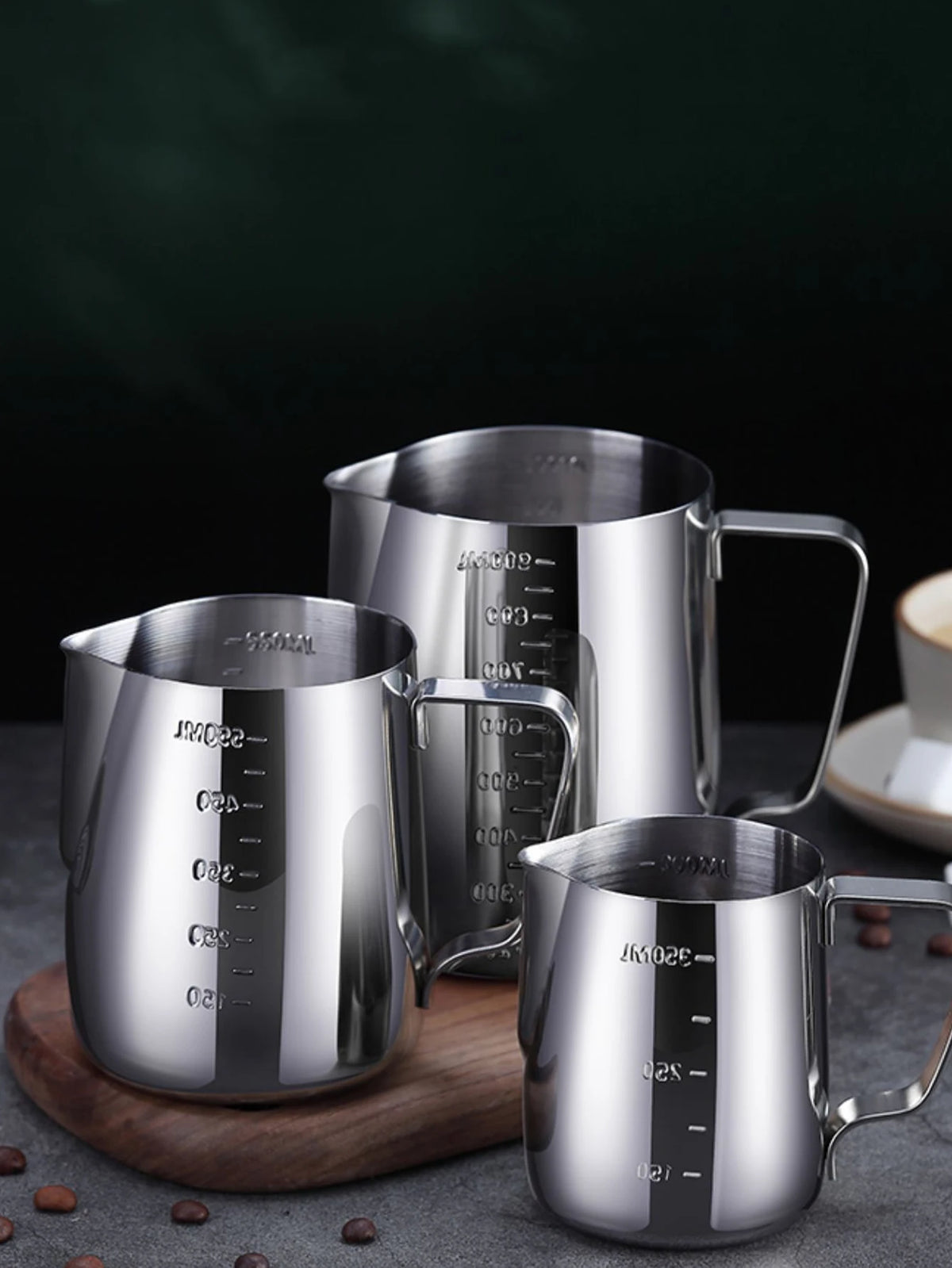 Jarra de acero inoxidable para espumar leche, espumador plateado, recipiente para café latte, jarra de metal, taza de barista