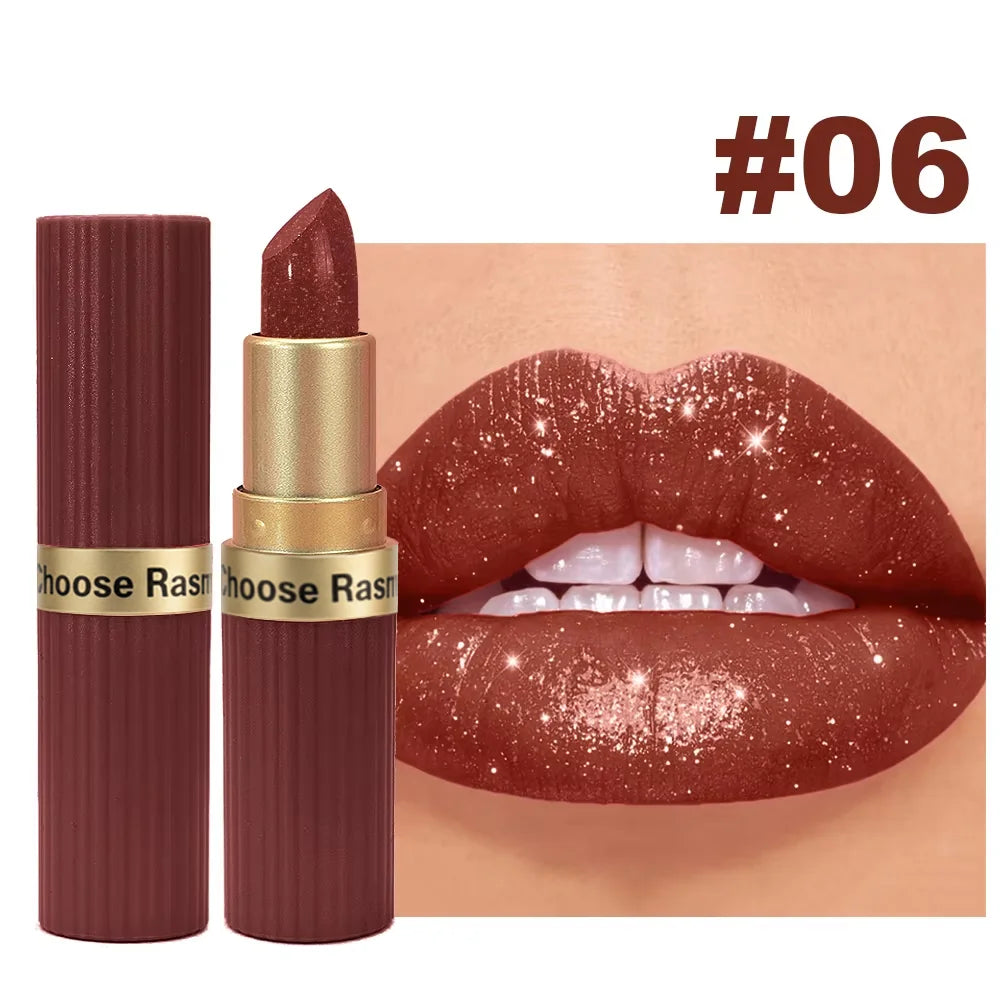 Lápiz labial de terciopelo con purpurina rosa nacarado, metálico, resistente al agua, de larga duración, mate, brillo, diamante, maquillaje cosmético para mujer