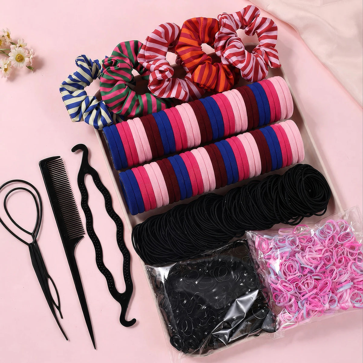 1109 Uds. Conjunto de accesorios para el cabello oscuro para mujer, coleteros elásticos sin costuras, bandas de goma pequeñas, lazos para el cabello a la moda, diademas