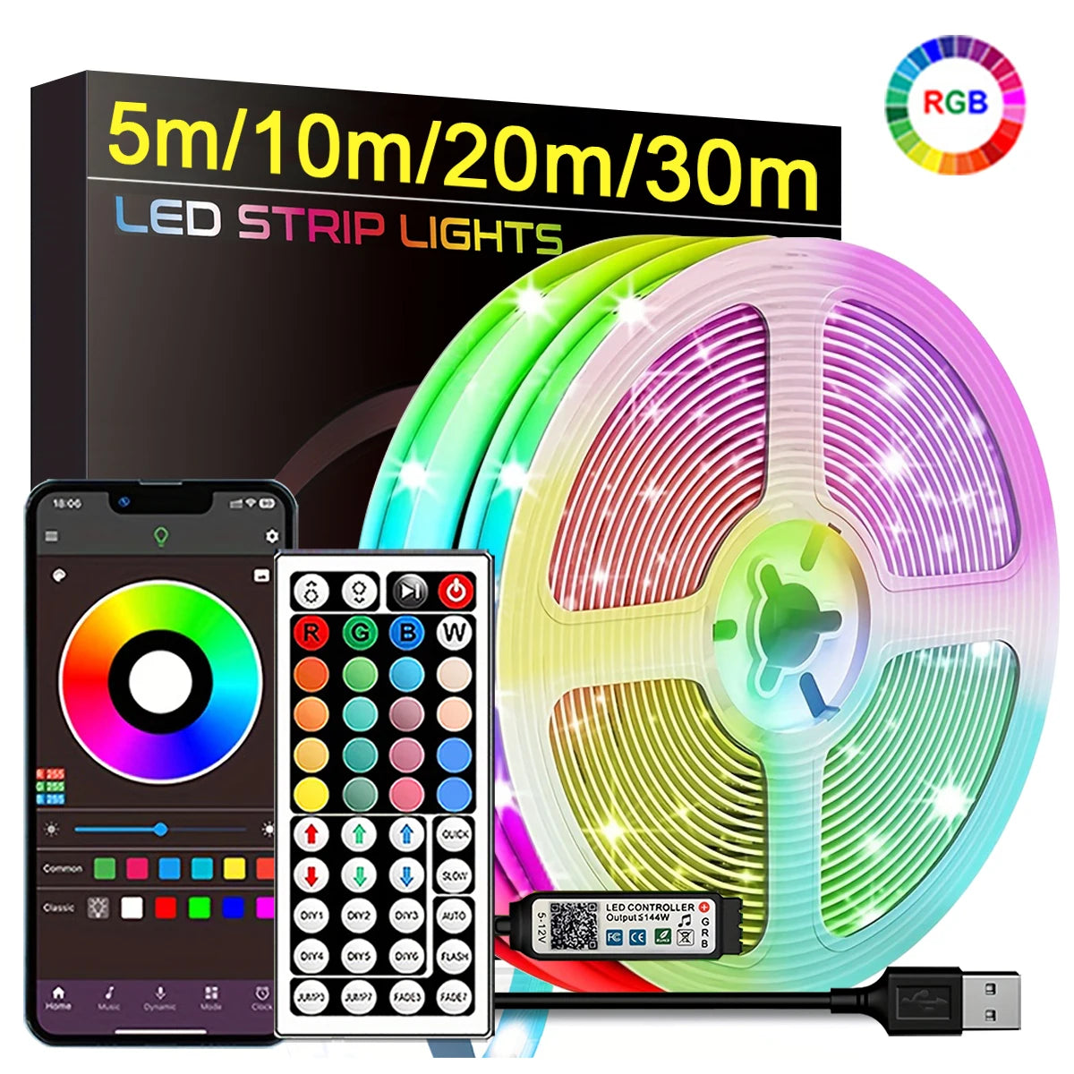 Tira de Luces Led RGB, 5m, 10m, 20m, 30m, luz Led para habitación con Control por aplicación, cinta Flexible, Luces, cinta Led para decoración de habitación y dormitorio