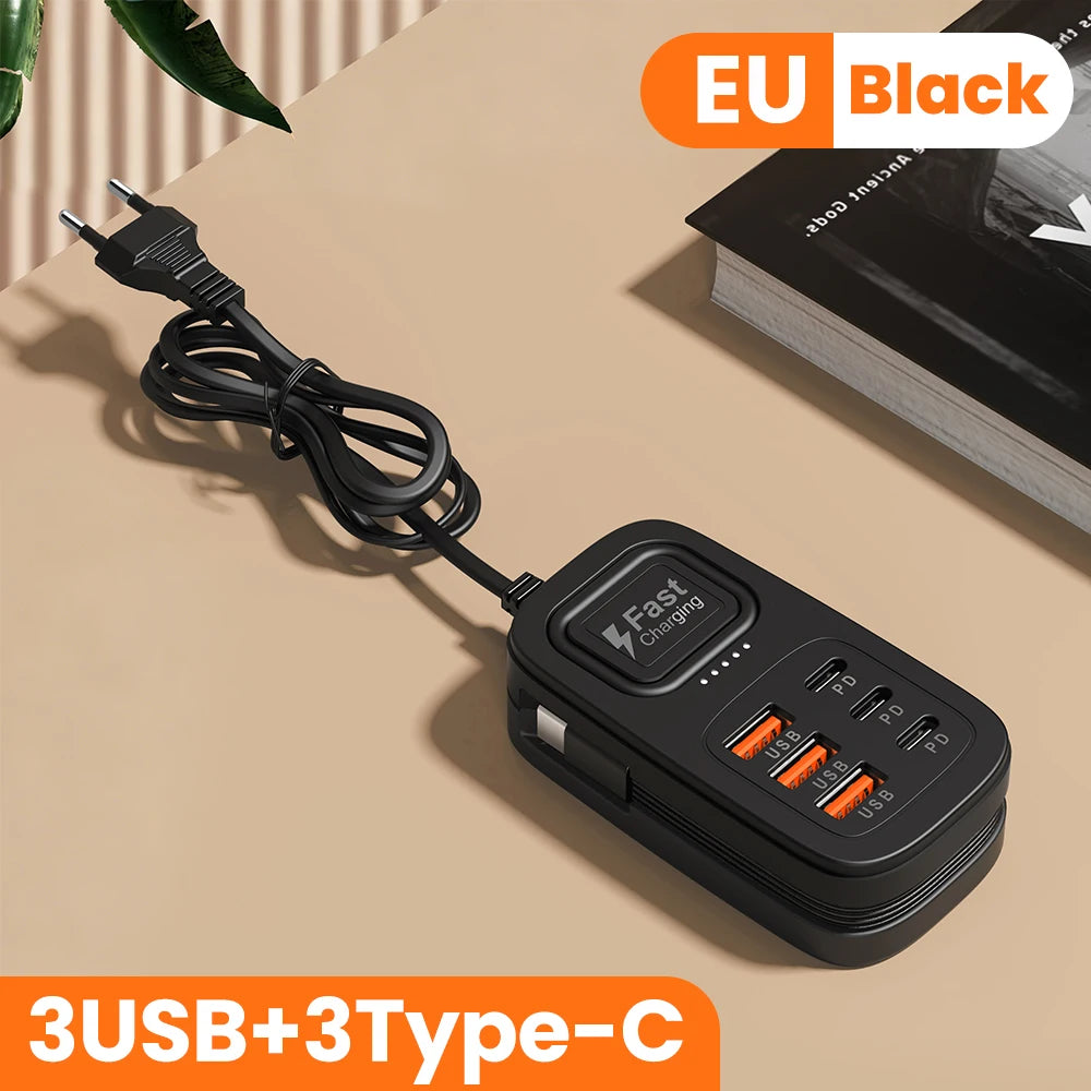 Enchufe de carga rápida USB de 6 puertos, estación de carga de escritorio, adaptador de enchufe USB con enchufe europeo/británico/estadounidense, 3 tipo C, 3 USB