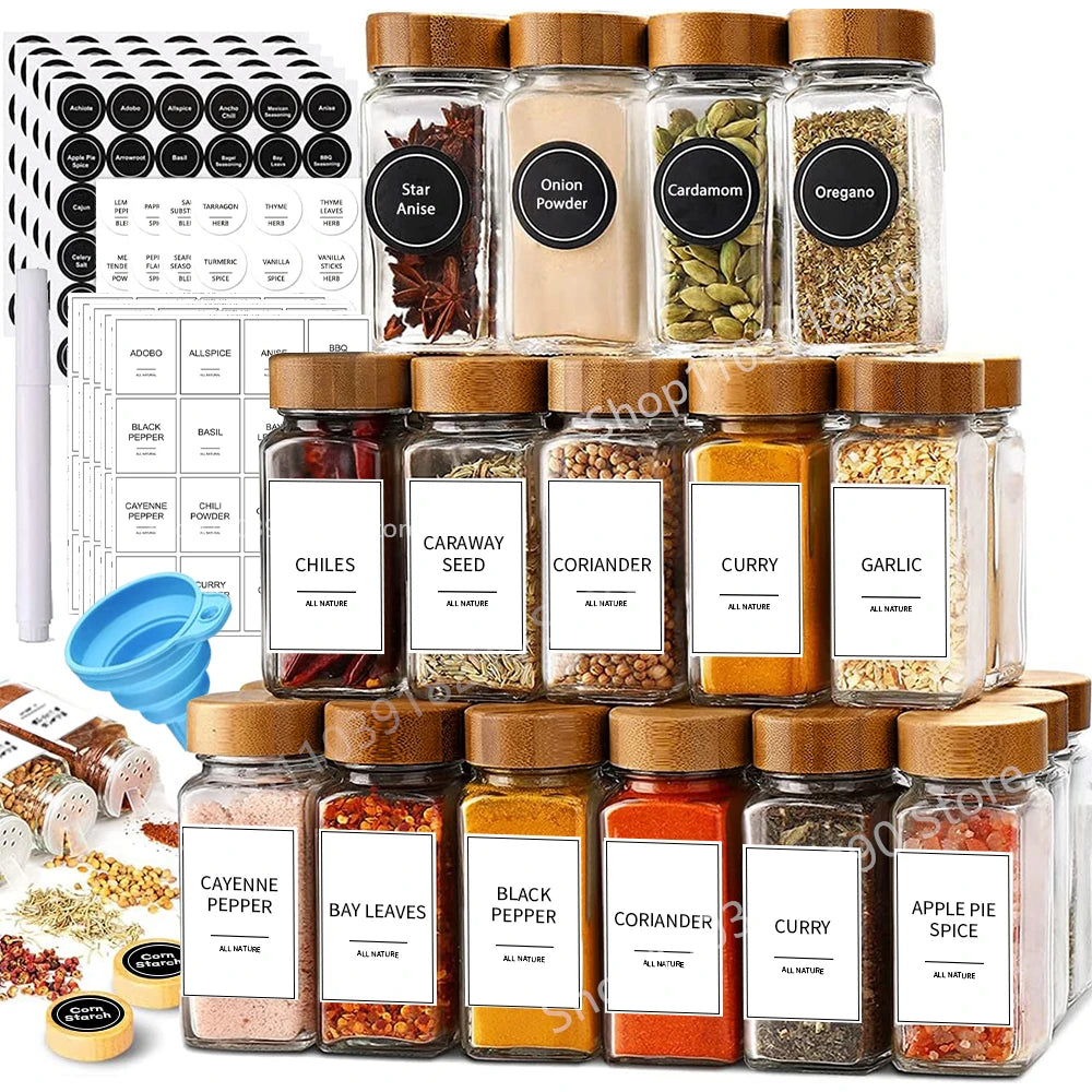 13 Uds. Frascos de especias de vidrio con tapas de bambú, tarros de vidrio de 4oz, juego de tarros de especias, tarros de condimentos, organizador, botellas de almacenamiento para estante de especias