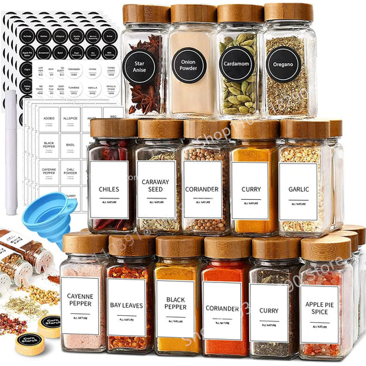 13 Uds. Frascos de especias de vidrio con tapas de bambú, tarros de vidrio de 4oz, juego de tarros de especias, tarros de condimentos, organizador, botellas de almacenamiento para estante de especias