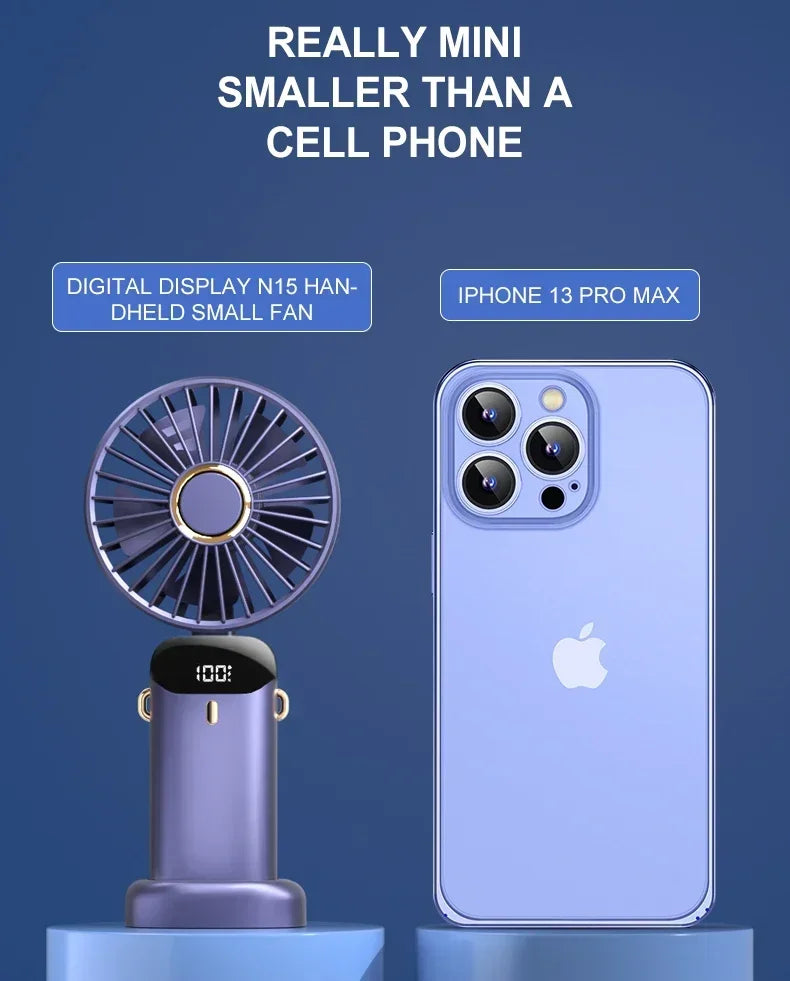 Mini ventilador portátil de mano, ventiladores plegables para colgar en el cuello, ventilador recargable por USB de 5 velocidades con soporte para teléfono y pantalla de visualización de 1800mAh