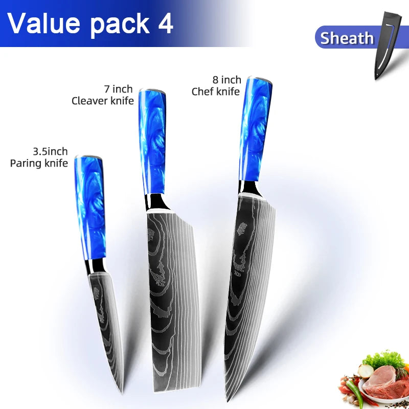Juego de cuchillos de cocina de 1 a 10 piezas, rebanador Santoku japonés, con patrón de damasco láser de alto carbono, mango de resina azul