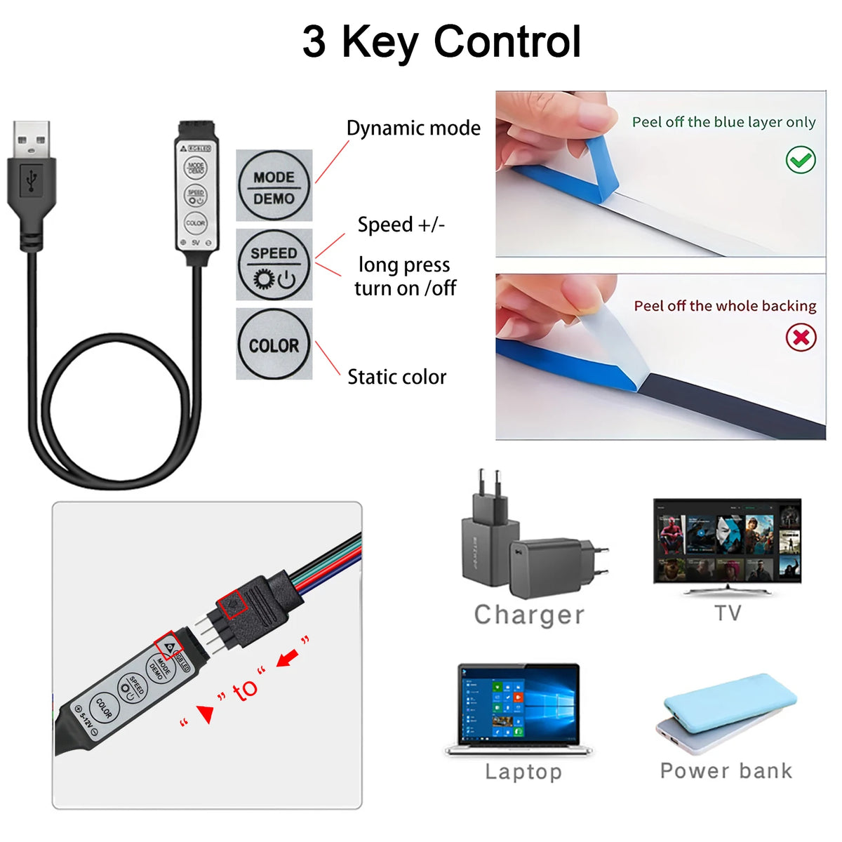 Luces Led para TV, tira de luces Led con Control de 3 teclas, cinta de luces USB de 5V para retroiluminación de TV, decoración de fiesta en casa, cinta Flexible